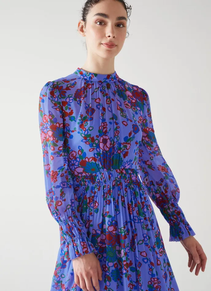 LK Bennett Louise Blue Naive Floral Print Midi Dress Women Dresses