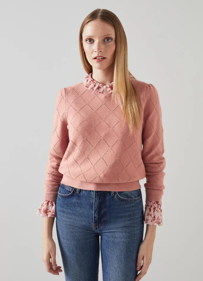 LK Bennett Molli Pink Metallic Cotton And Sustainably Sourced Merino Jumper Women Knitwear