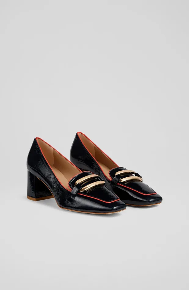 LK Bennett Susanna Navy Crinkle Patent Leather Courts Women Court Shoes