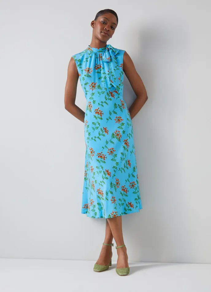 LK Bennett Vali Blue Valerian Floral Print Tie Neck Silk Dress Women Dresses