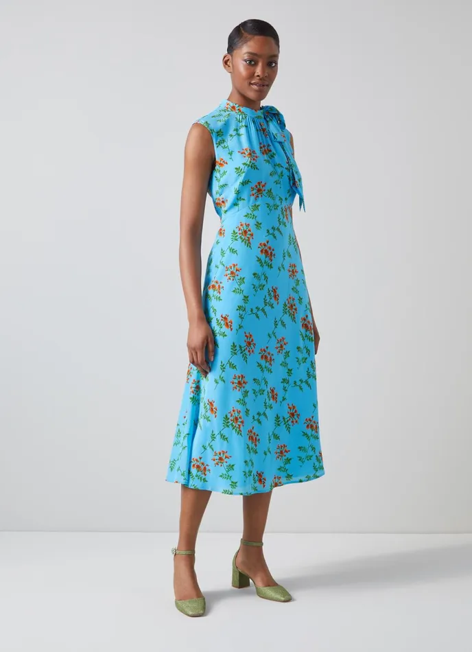LK Bennett Vali Blue Valerian Floral Print Tie Neck Silk Dress Women Dresses