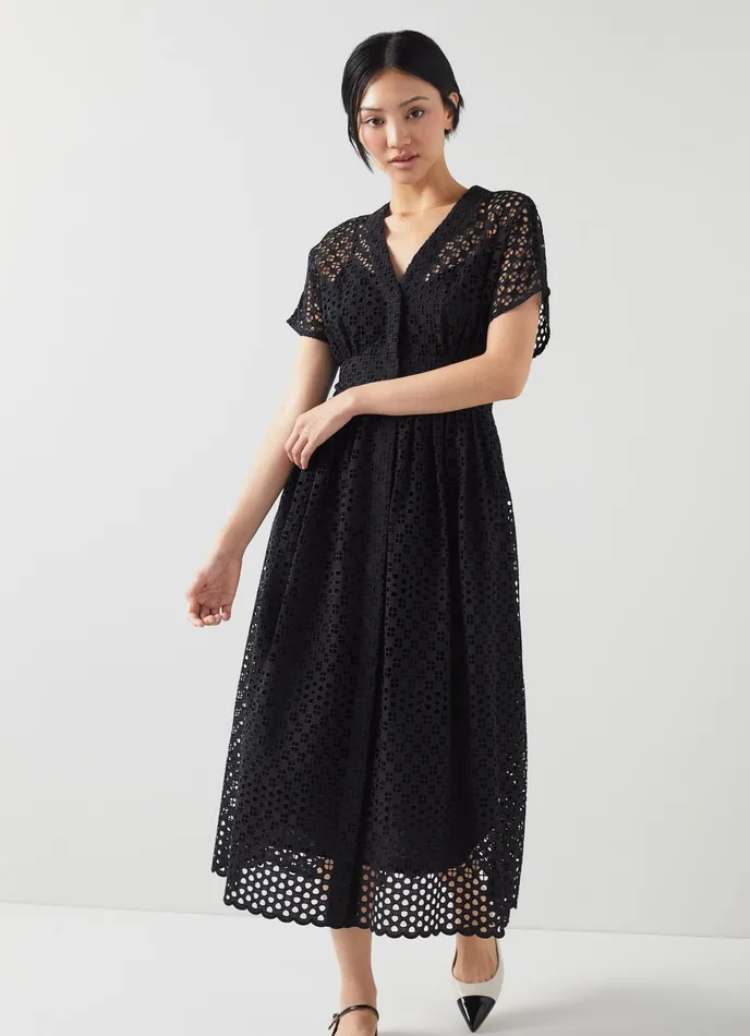 LK Bennett Vivienne Black Broderie Anglaise Cotton Dress Women Dresses