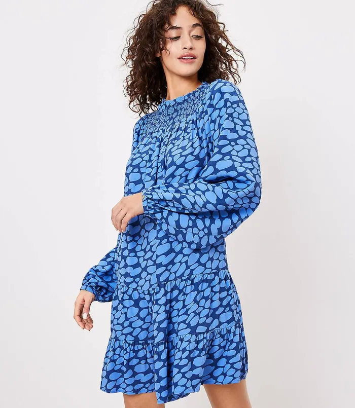 LOFT Cheetah Print Smocked Yoke Swing Dress Urban Blue Women Swing Dresses