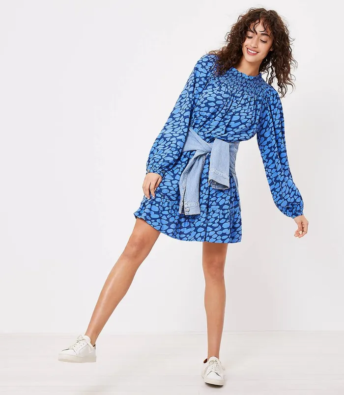 LOFT Cheetah Print Smocked Yoke Swing Dress Urban Blue Women Swing Dresses