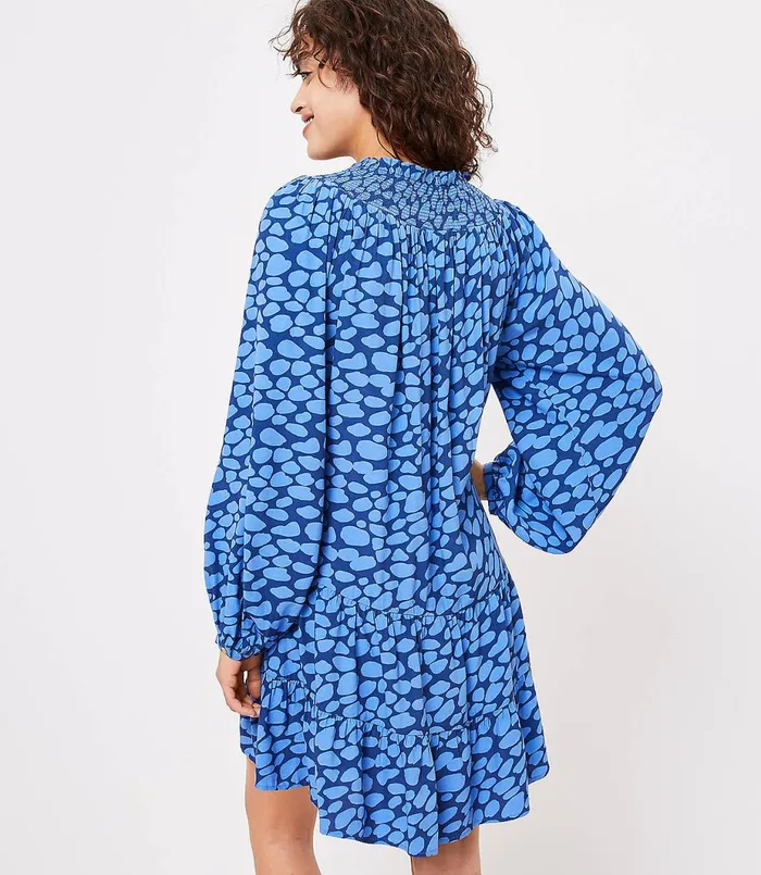 LOFT Cheetah Print Smocked Yoke Swing Dress Urban Blue Women Swing Dresses