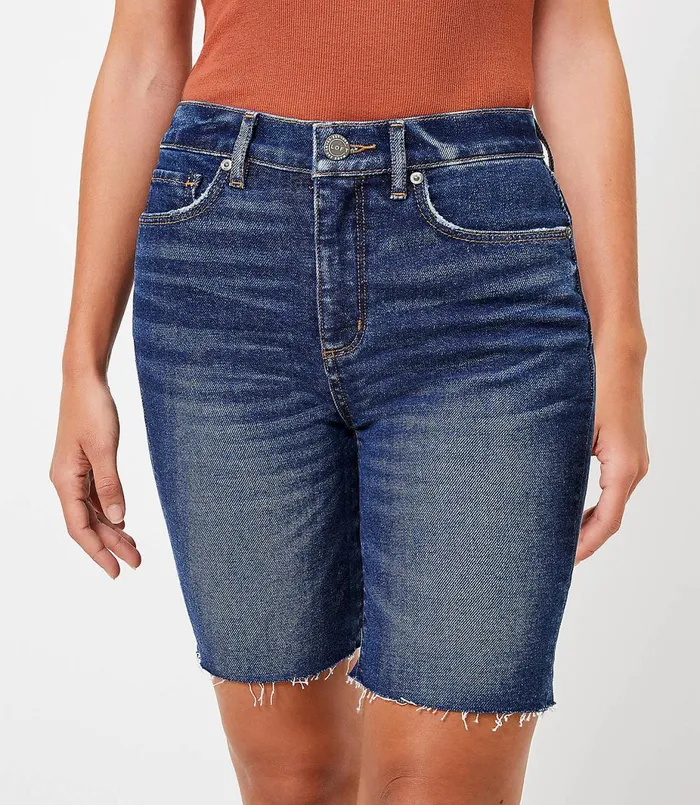 LOFT Curvy Fresh Cut Denim Bike Shorts In Dark Wash Dark Wash Women Shorts
