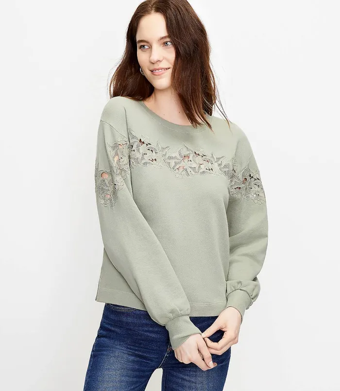 LOFT Floral Lace Trim Sweatshirt Light Pebble Women Loungewear