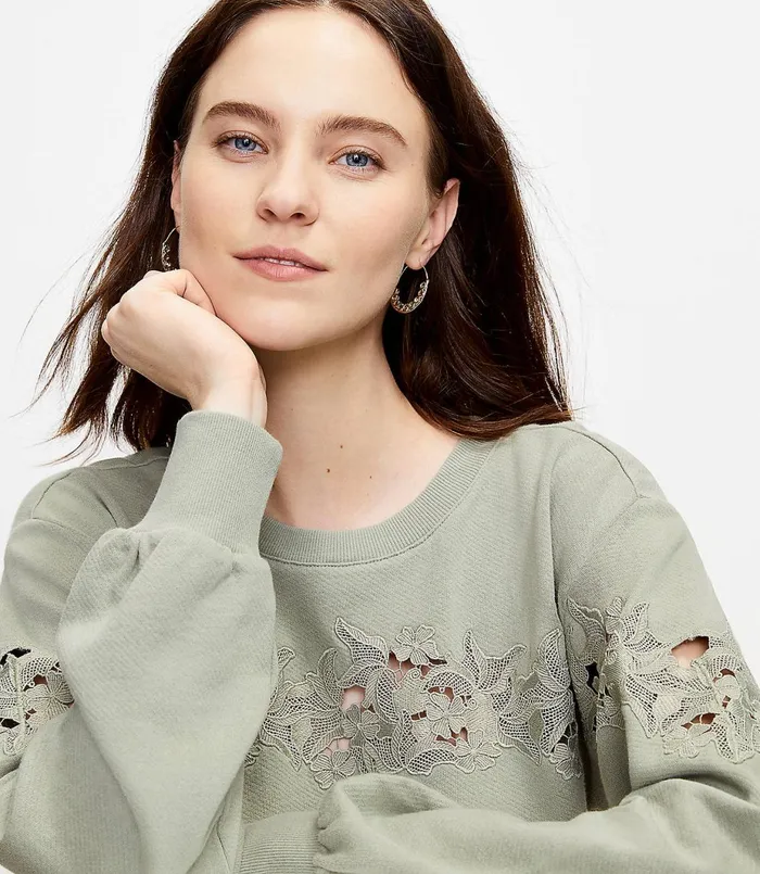 LOFT Floral Lace Trim Sweatshirt Light Pebble Women Loungewear
