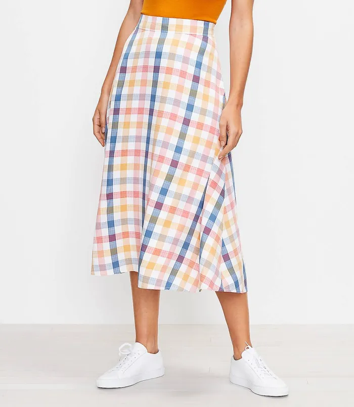 LOFT Gingham Midi Skirt White Women Skirts