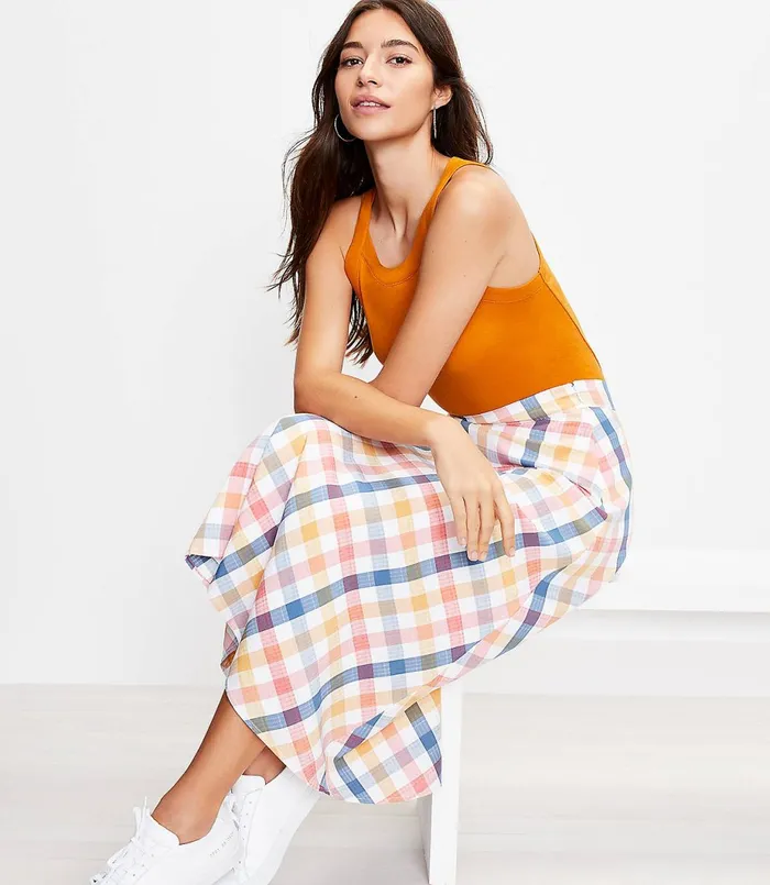 LOFT Gingham Midi Skirt White Women Skirts