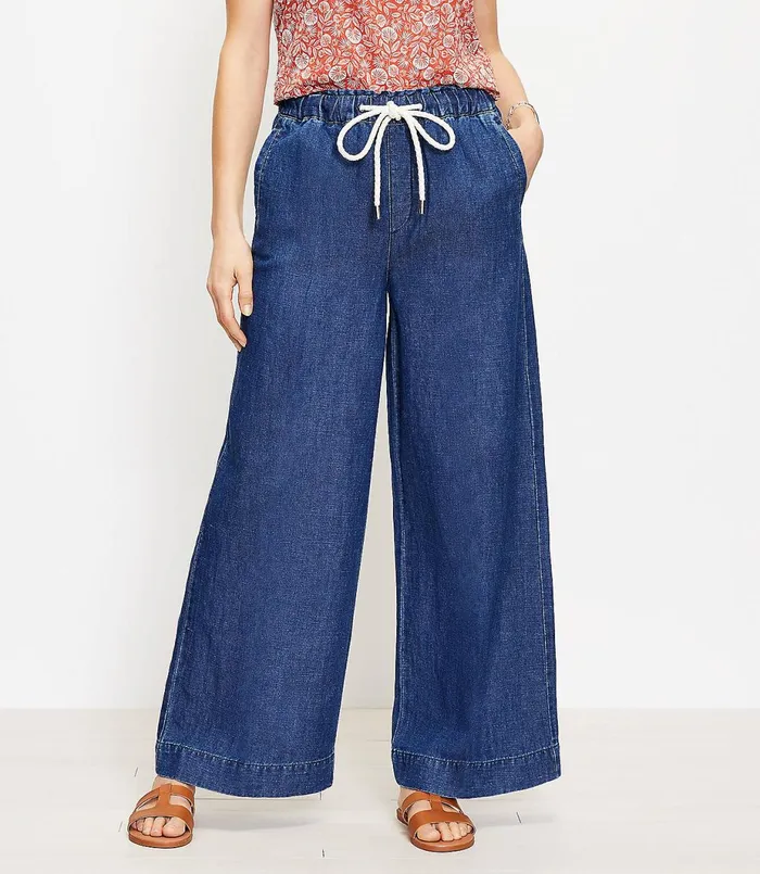LOFT High Rise Cotton Linen Pull On Wide Leg Jeans In Indigo Seas Indigo Seas Women Jeans LOFT High Rise Cotton Linen Pull On Wide Leg Jeans In Indigo Seas Indigo Seas Women Jeans