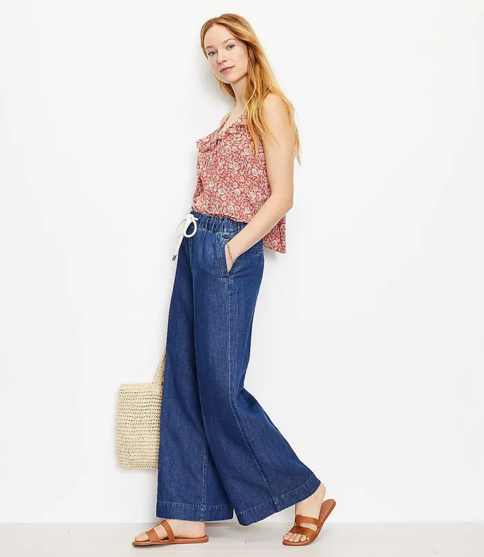 LOFT High Rise Cotton Linen Pull On Wide Leg Jeans In Indigo Seas Indigo Seas Women Jeans