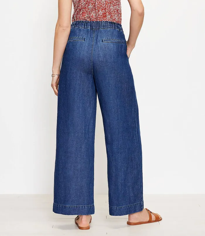 LOFT High Rise Cotton Linen Pull On Wide Leg Jeans In Indigo Seas Indigo Seas Women Jeans