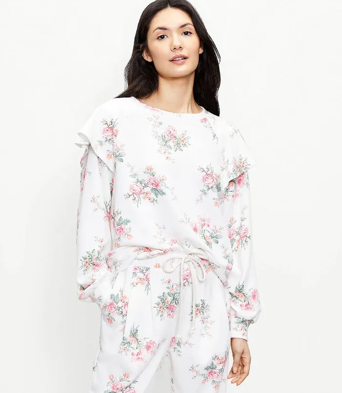 LOFT Lou and Grey Bouquet Ruffle Terry Sweatshirt Whisper White Women Loungewear