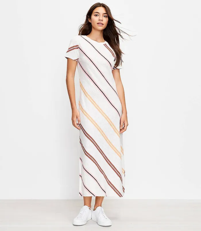 LOFT Lou and Grey Striped Cozy Jersey Midi Tee Dress Whisper White Women Loungewear LOFT Lou and Grey Striped Cozy Jersey Midi Tee Dress Whisper White Women Loungewear