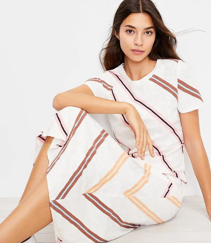 LOFT Lou and Grey Striped Cozy Jersey Midi Tee Dress Whisper White Women Loungewear