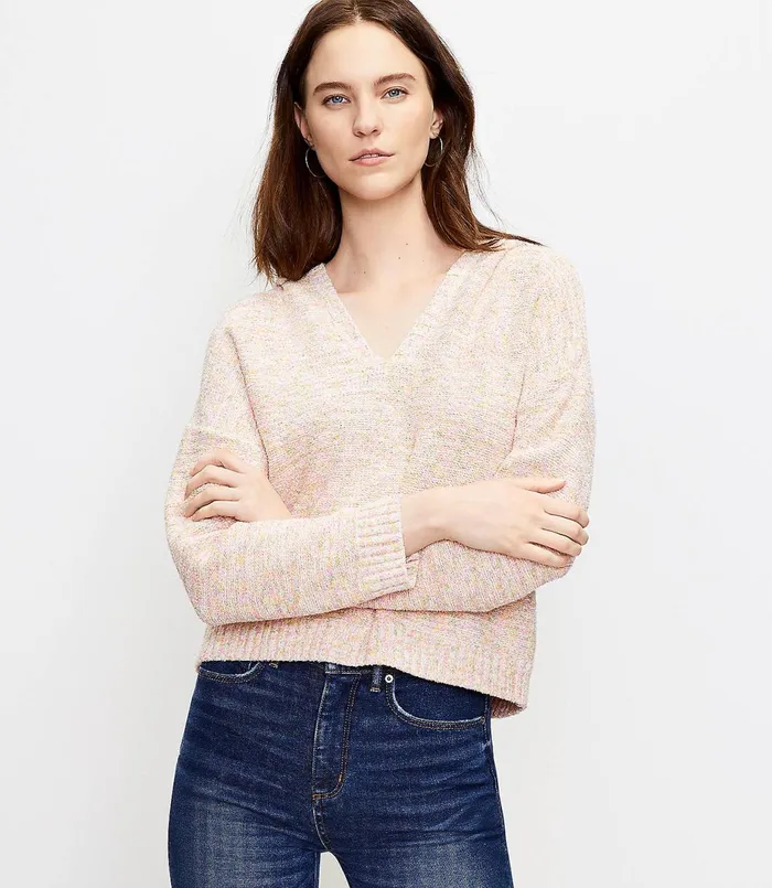 LOFT Marled Hoodie Sweater Pink Multi Women Sweaters