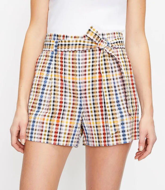 LOFT Paperbag Pull On Shorts In Gingham Neutral Multi Women Shorts