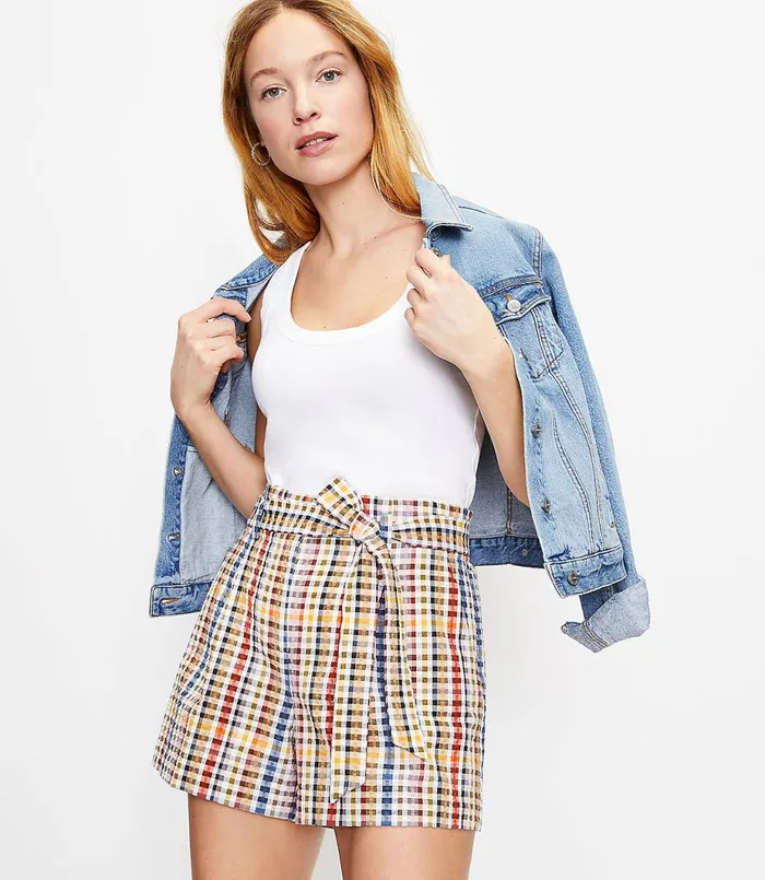 LOFT Paperbag Pull On Shorts In Gingham Neutral Multi Women Shorts