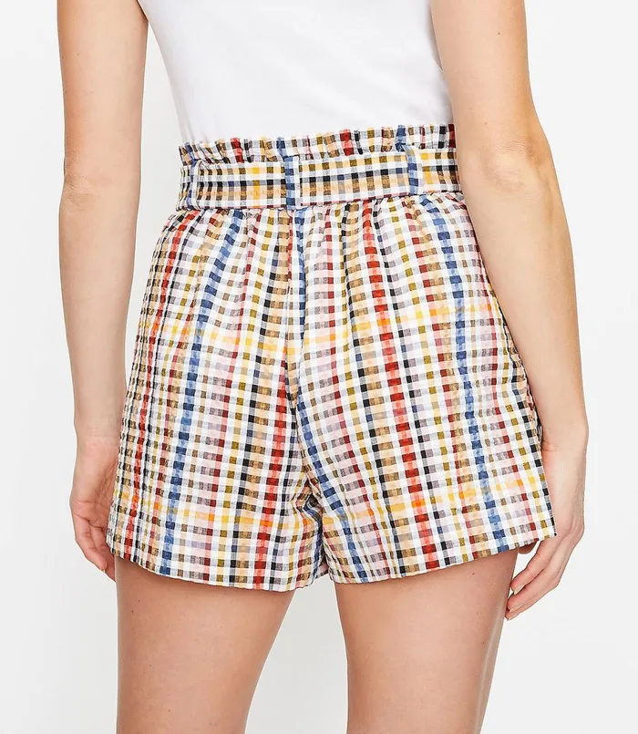 LOFT Paperbag Pull On Shorts In Gingham Neutral Multi Women Shorts