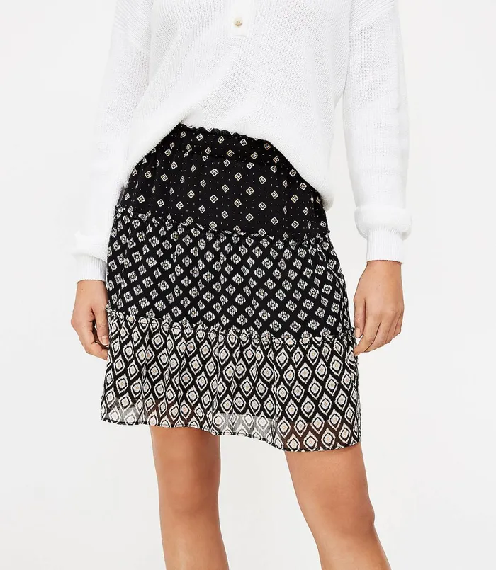 LOFT Patchwork Tiered Pull On Skirt Black Women Skirts