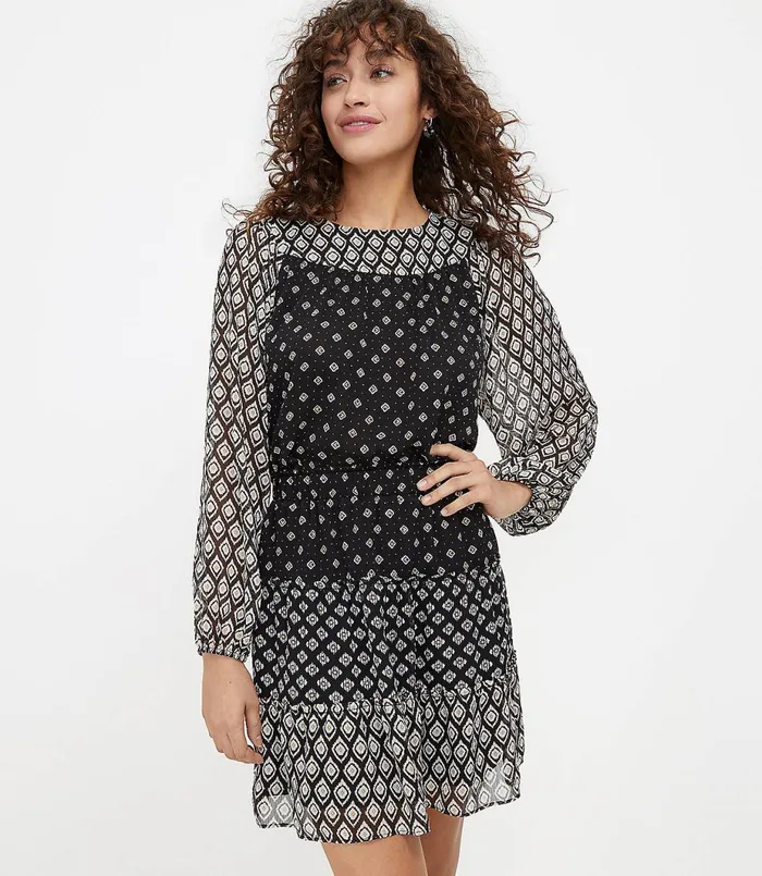 LOFT Patchwork Tiered Pull On Skirt Black Women Skirts
