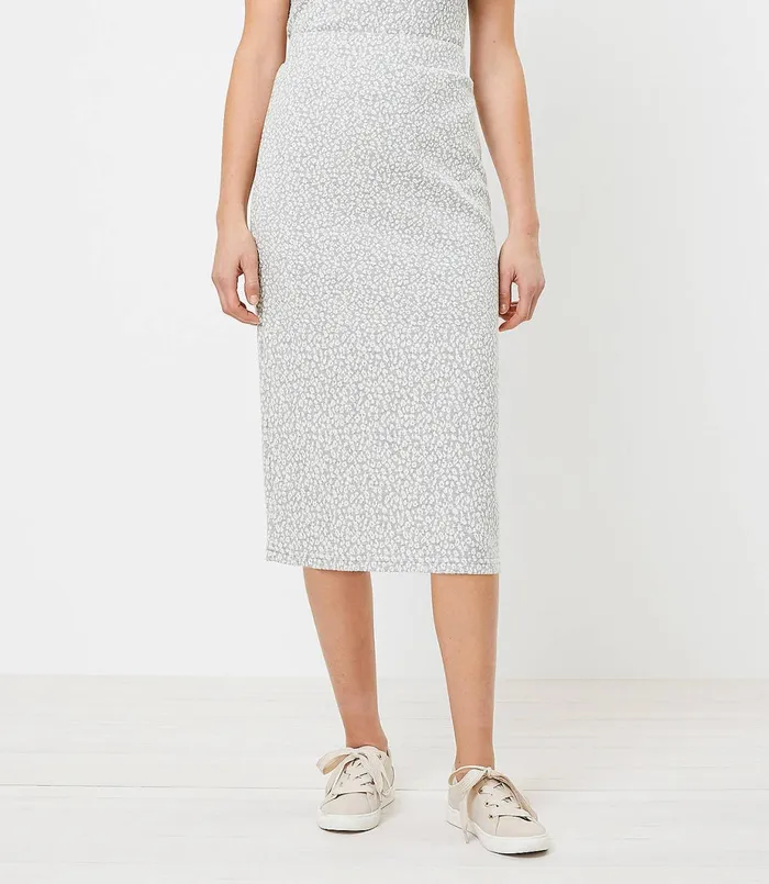 LOFT Petite Animal Print Pull On Midi Skirt Grey Ivory Combo Women Petite Skirts