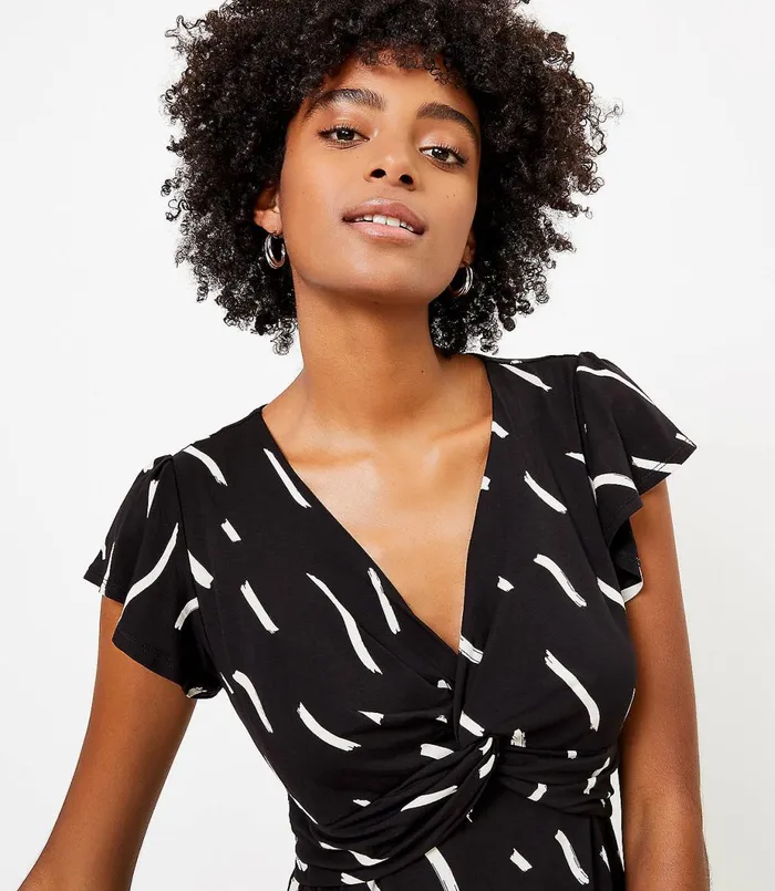 LOFT Petite Brushstroke Knotted Swing Dress Black Women Petite Dresses