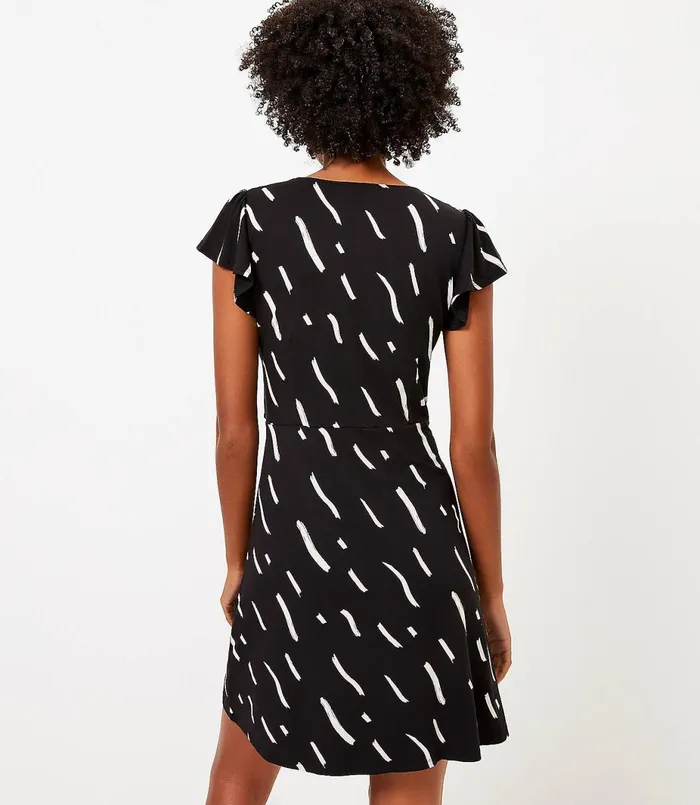 LOFT Petite Brushstroke Knotted Swing Dress Black Women Petite Dresses