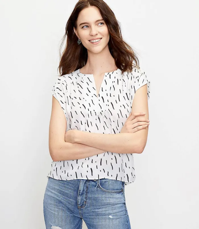 LOFT Petite Brushstroke Split Neck Mixed Media Top Whisper White Women Petite Tees