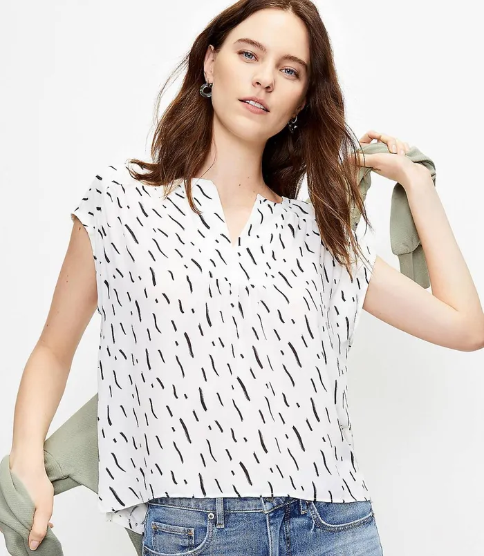 LOFT Petite Brushstroke Split Neck Mixed Media Top Whisper White Women Petite Tees