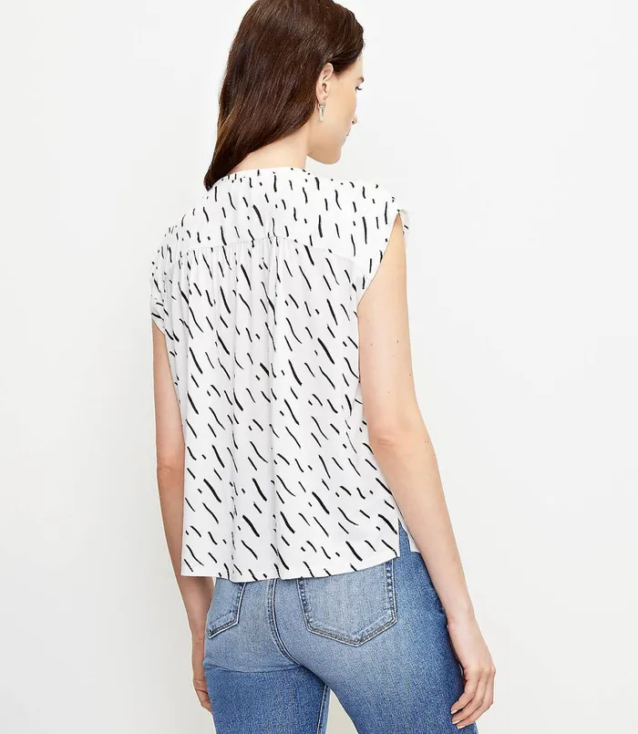 LOFT Petite Brushstroke Split Neck Mixed Media Top Whisper White Women Petite Tees