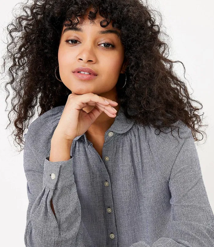 LOFT Petite Checked Henley Shirt Nautical Navy Women Petite Tops