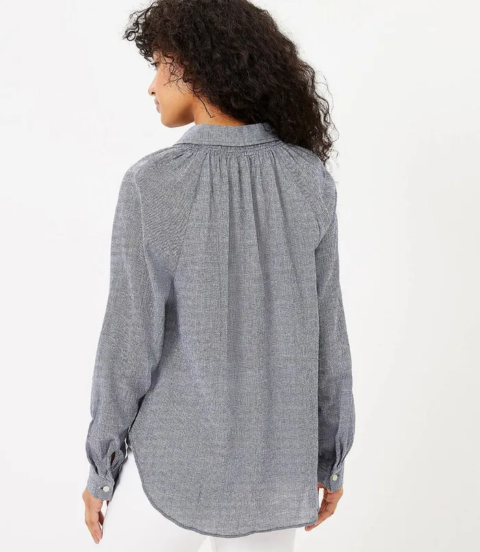 LOFT Petite Checked Henley Shirt Nautical Navy Women Petite Tops
