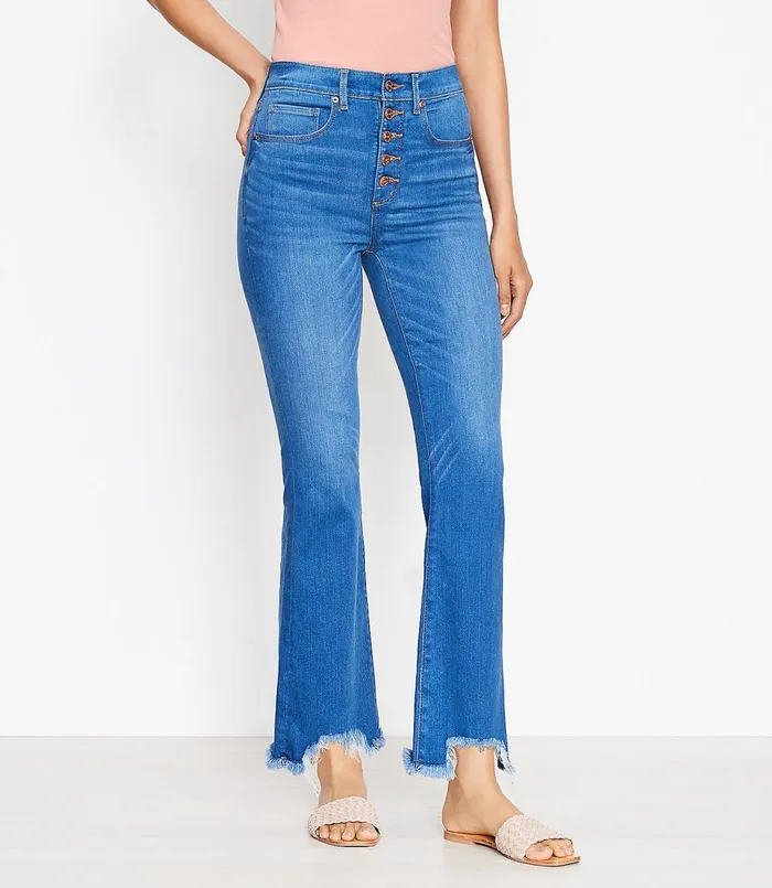 LOFT Petite Chewed Hem Button Front High Rise Kick Crop Jeans In Classic Indigo Wash Classic Indigo Wash Women Petite Jeans