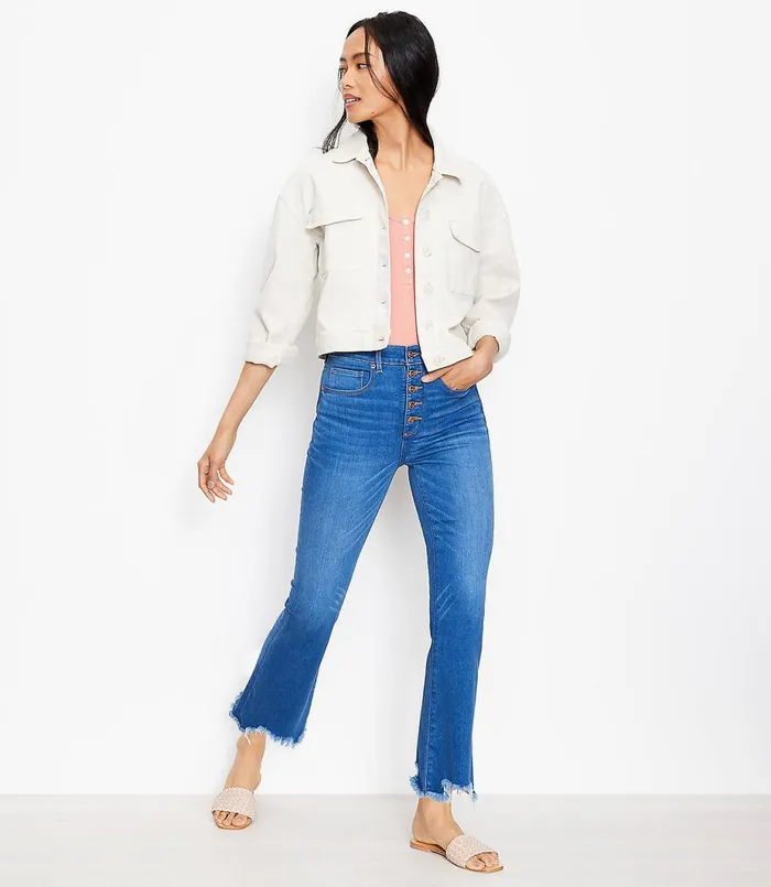 LOFT Petite Chewed Hem Button Front High Rise Kick Crop Jeans In Classic Indigo Wash Classic Indigo Wash Women Petite Jeans