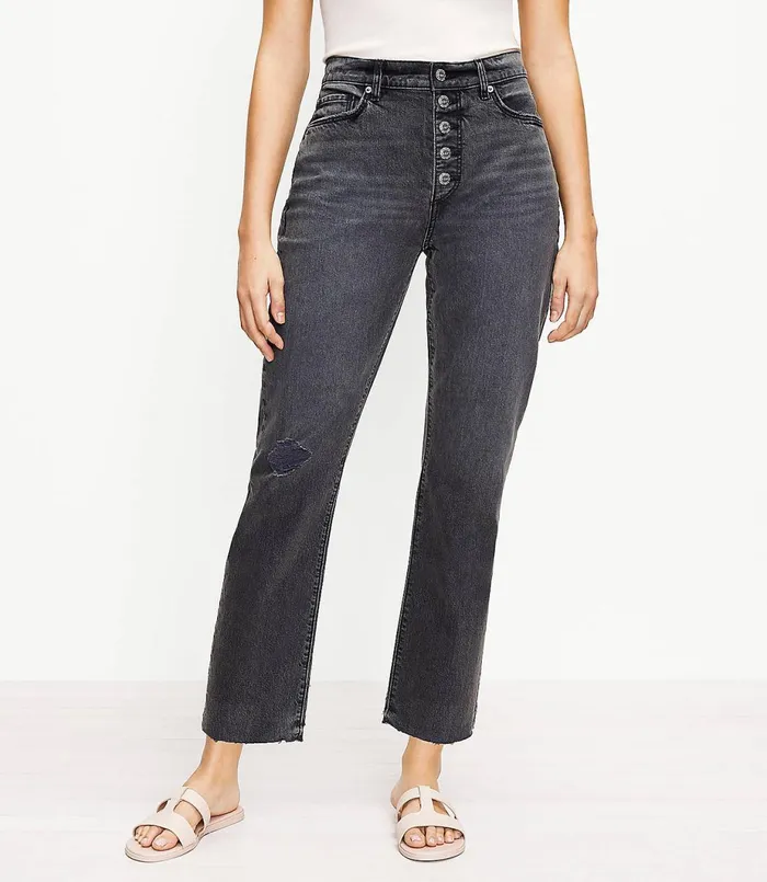 LOFT Petite Curvy Button Front Fresh Cut High Rise Straight Crop Jeans In Washed Black Wash Washed Black Wash Women Petite Jeans LOFT Petite Curvy Button Front Fresh Cut High Rise Straight Crop Jeans In Washed Black Wash Washed Black Wash Women Petite Jeans