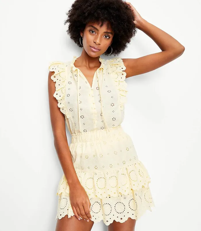 LOFT Petite Eyelet Tiered Skirt Banana Smoothie Women Petite Skirts