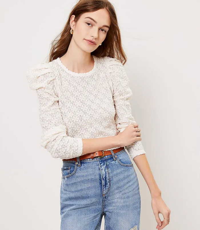 LOFT Petite Floral Lace Pleated Puff Sleeve Top Vintage Olive Women Petite Tees