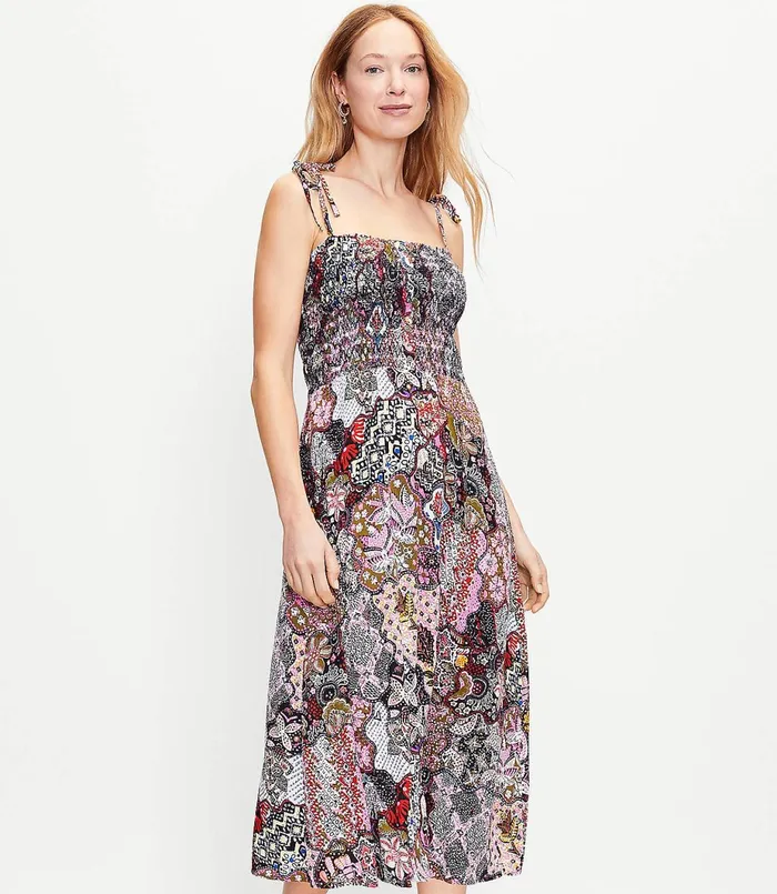 LOFT Petite Floral Smocked Strappy Midi Dress Whisper White Women Petite Dresses LOFT Petite Floral Smocked Strappy Midi Dress Whisper White Women Petite Dresses