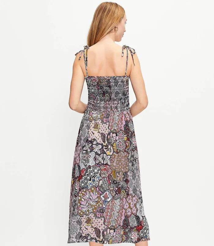 LOFT Petite Floral Smocked Strappy Midi Dress Whisper White Women Petite Dresses