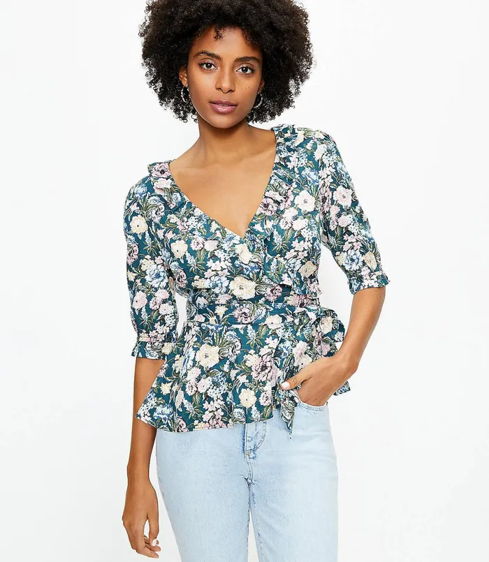 LOFT Petite Garden Ruffle Wrap Blouse Faded Emerald Women Petite Tops