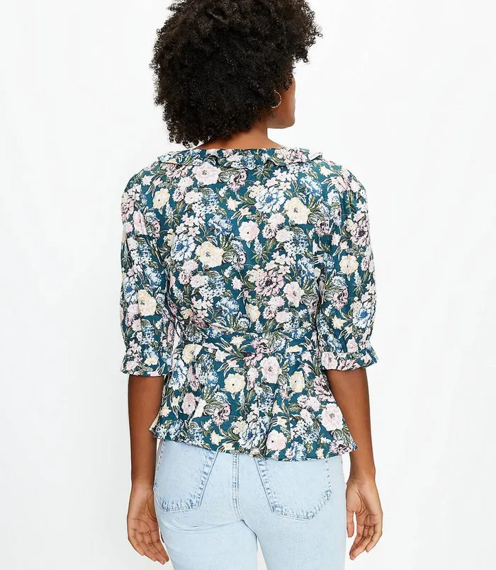 LOFT Petite Garden Ruffle Wrap Blouse Faded Emerald Women Petite Tops