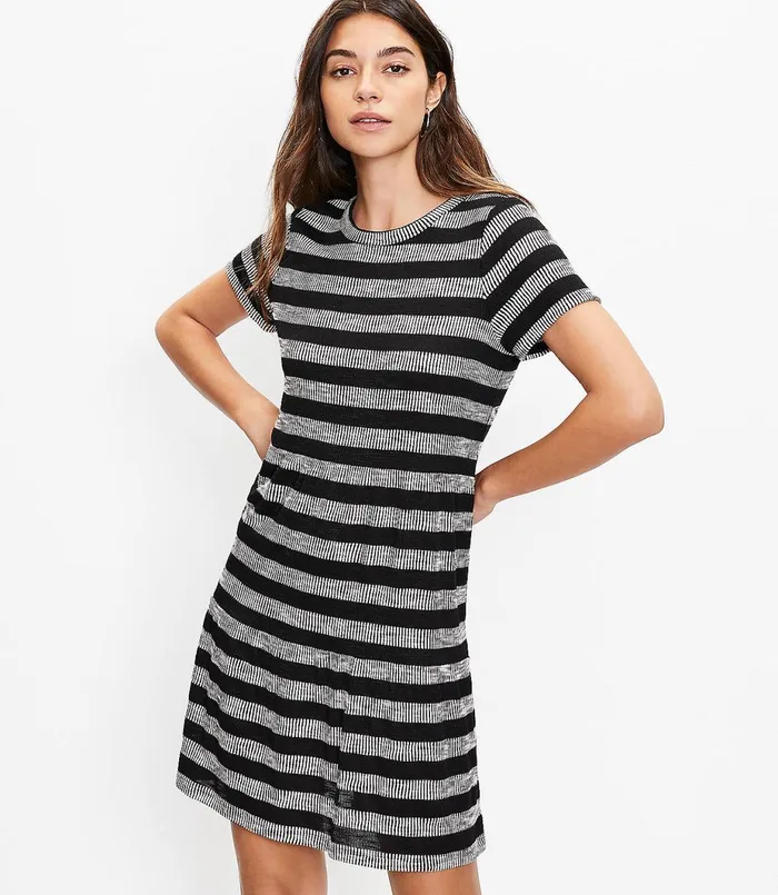 LOFT Petite Geo Striped Tiered Tee Dress Black Women Petite Dresses