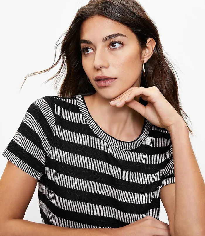 LOFT Petite Geo Striped Tiered Tee Dress Black Women Petite Dresses