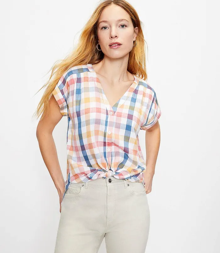 LOFT Petite Gingham VNeck Shirt White Women Petite Tops