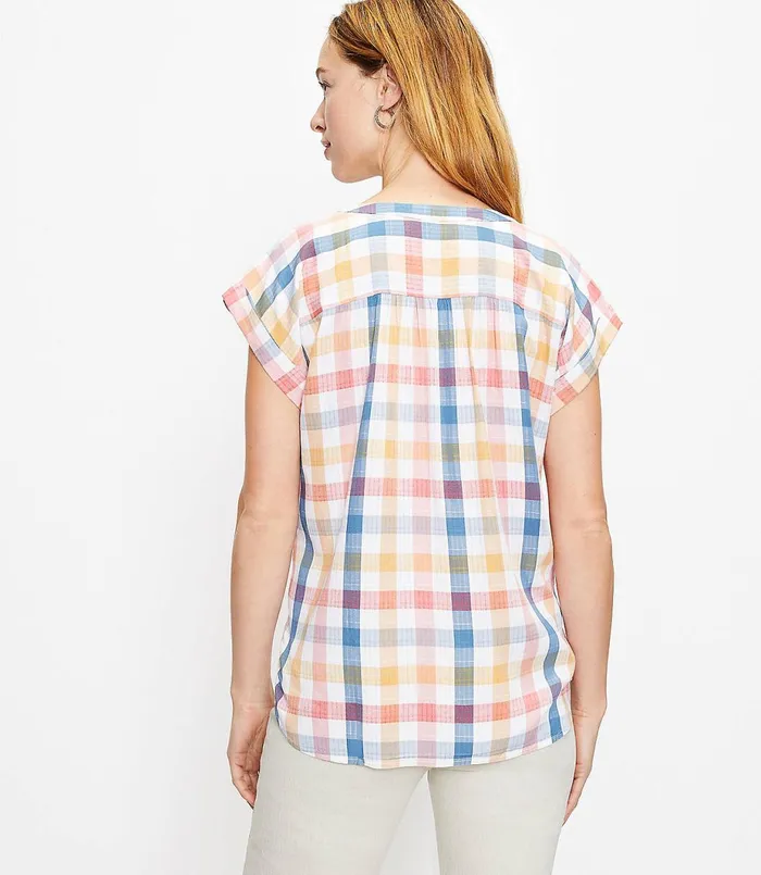 LOFT Petite Gingham VNeck Shirt White Women Petite Tops