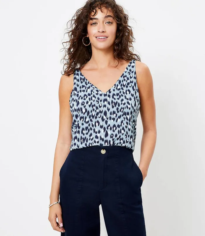 LOFT Petite Leopard Print VNeck Shell Blue Seaglass Women Petite Tops
