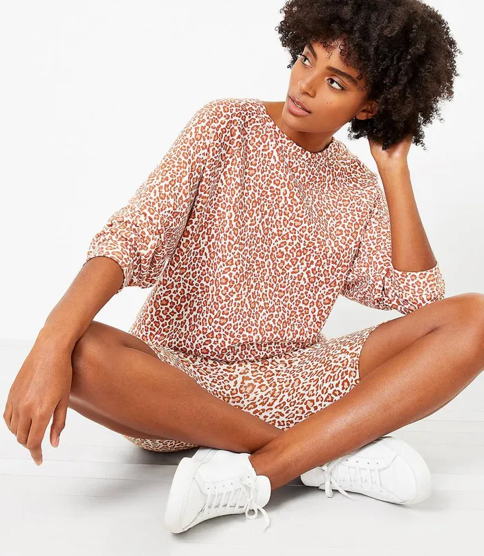 LOFT Petite Lou and Grey Leopard Print Oversized Terry Sweatshirt Sweet Caramel Women Petite Tops