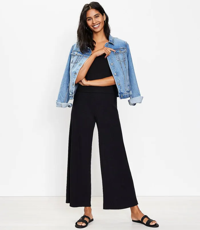 LOFT Petite Pull On Wide Leg Crop Pants In Rib Knit Black Women Petite Pants